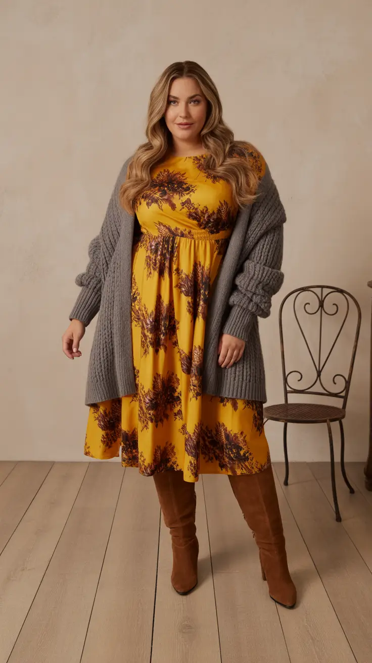 Chic plus-size outfits for women 2026 – Mustard Dress And Chunky Cardigan For Cozy Autumn Weekends