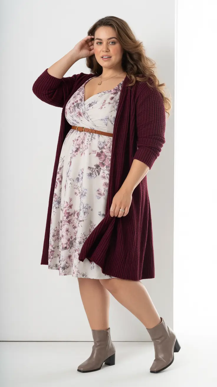 Chic plus-size outfits for women 2026 – Floral Wrap Dress And Cardigan For Soft Transitional Days
