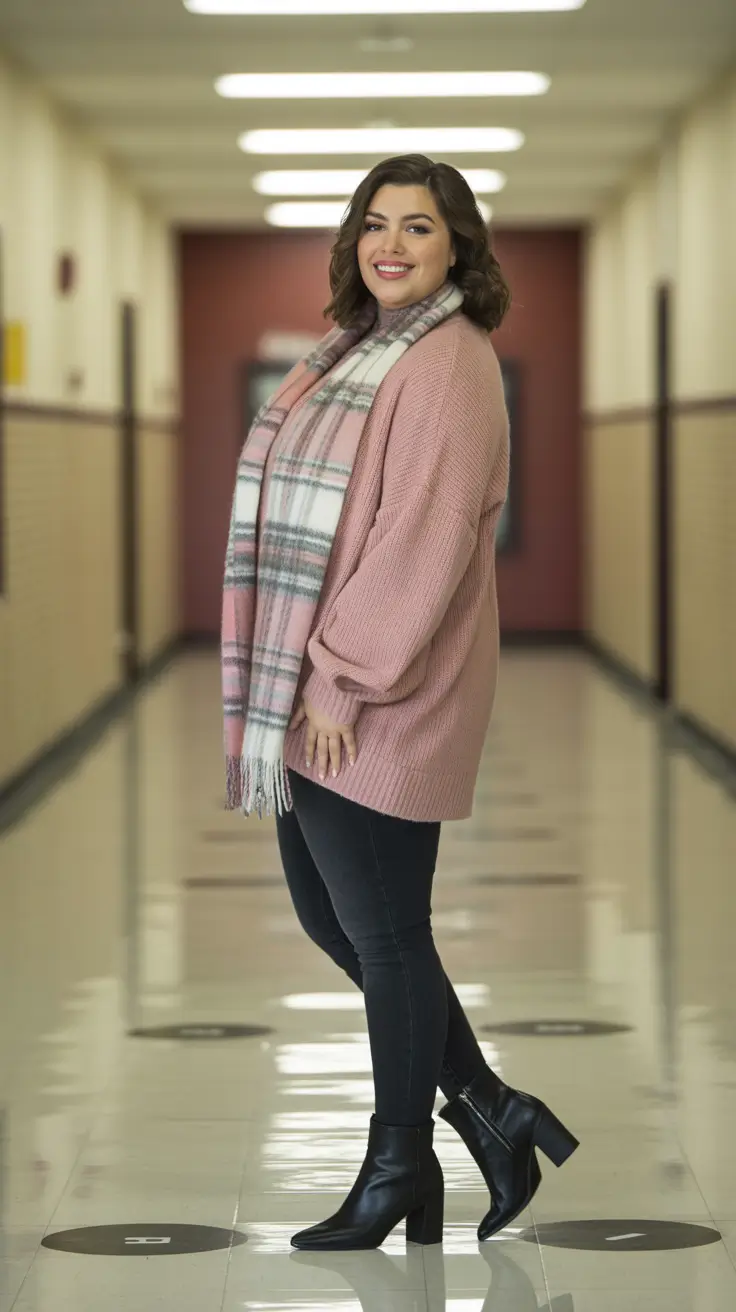 Chic plus-size outfits for women 2026 – Pink Knit And Plaid Scarf For Cute Casual Winter Hallway Moments