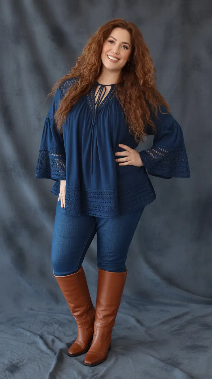 Chic plus-size outfits for women 2026 – Navy Boho Top And Jeans For Everyday Boots And Denim