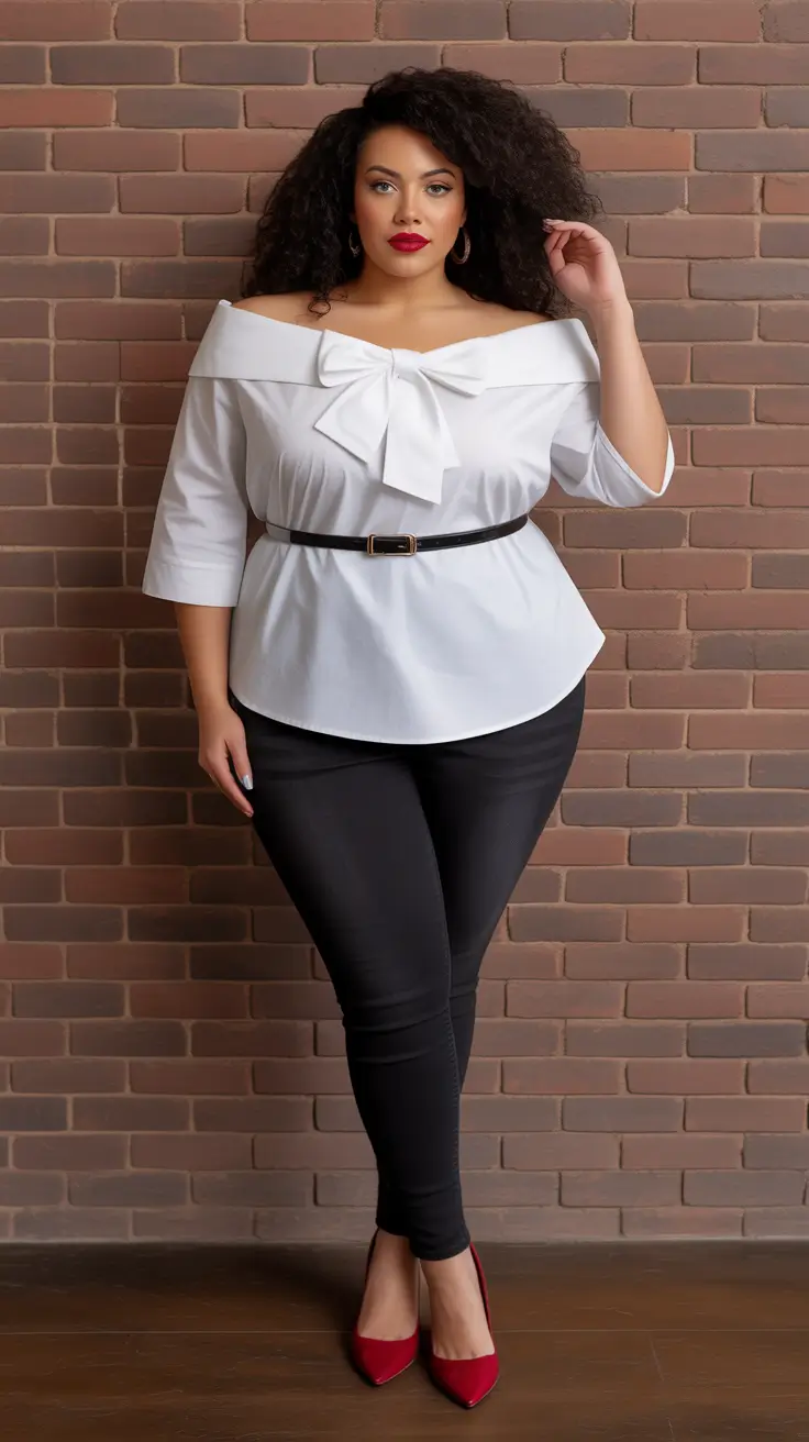 Chic plus-size outfits for women 2026 – Off Shoulder Bow Top And Skinny Pants For Chic Night Out