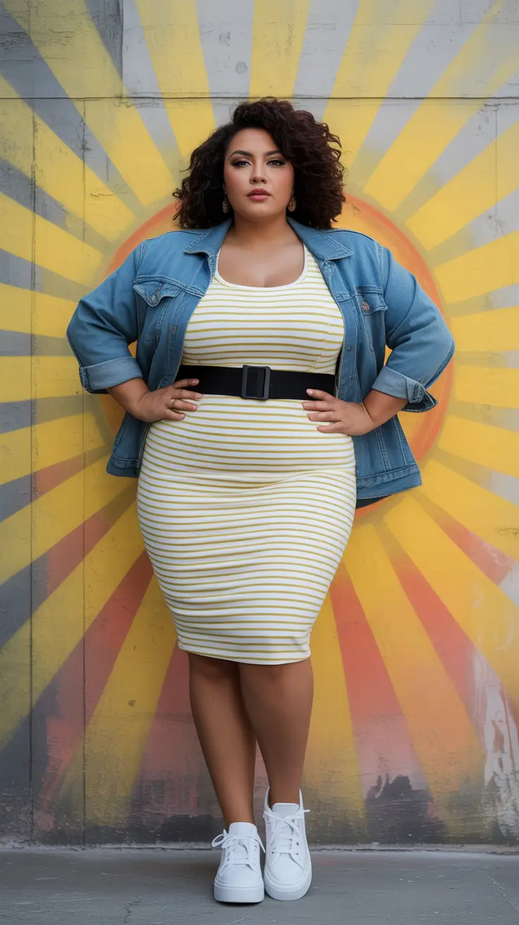 Chic plus-size outfits for women 2026 – Striped Bodycon And Denim Jacket For Playful Summer Street Style