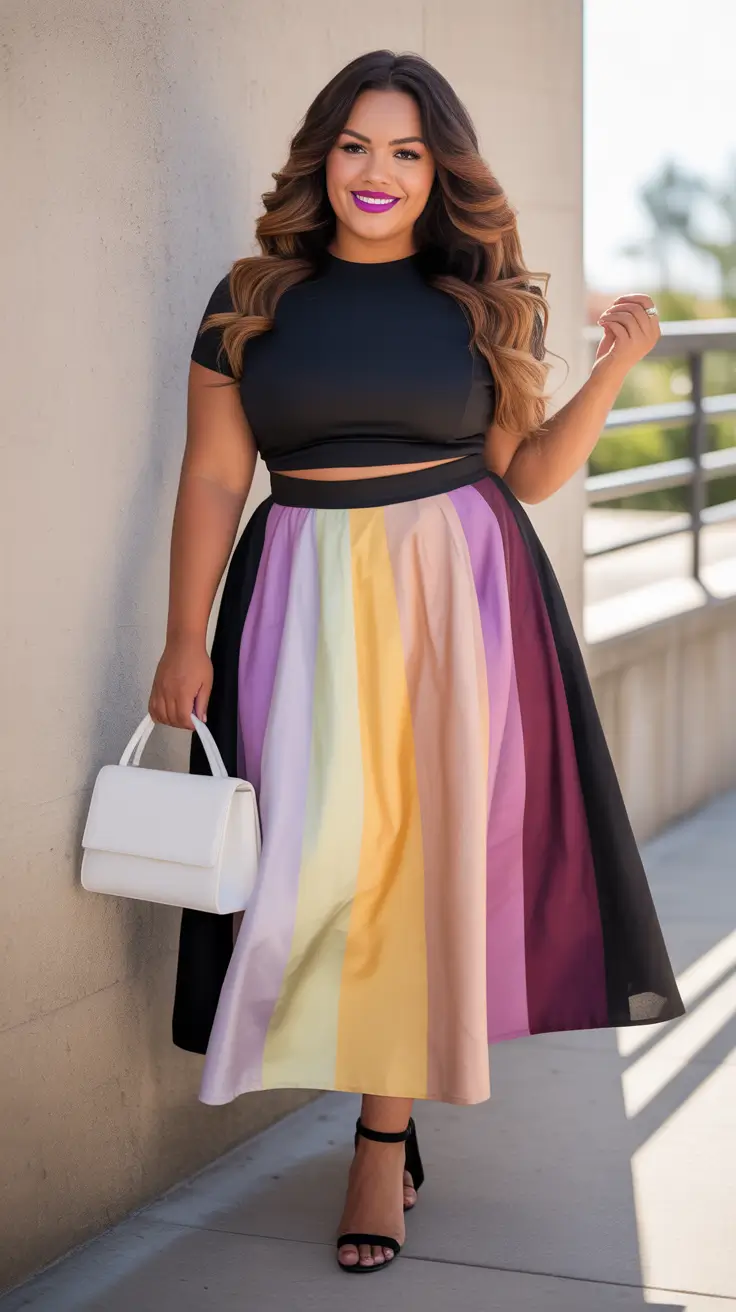 Chic plus-size outfits for women 2026 – Rainbow Skirt And Crop Top For Joyful Summer Glam