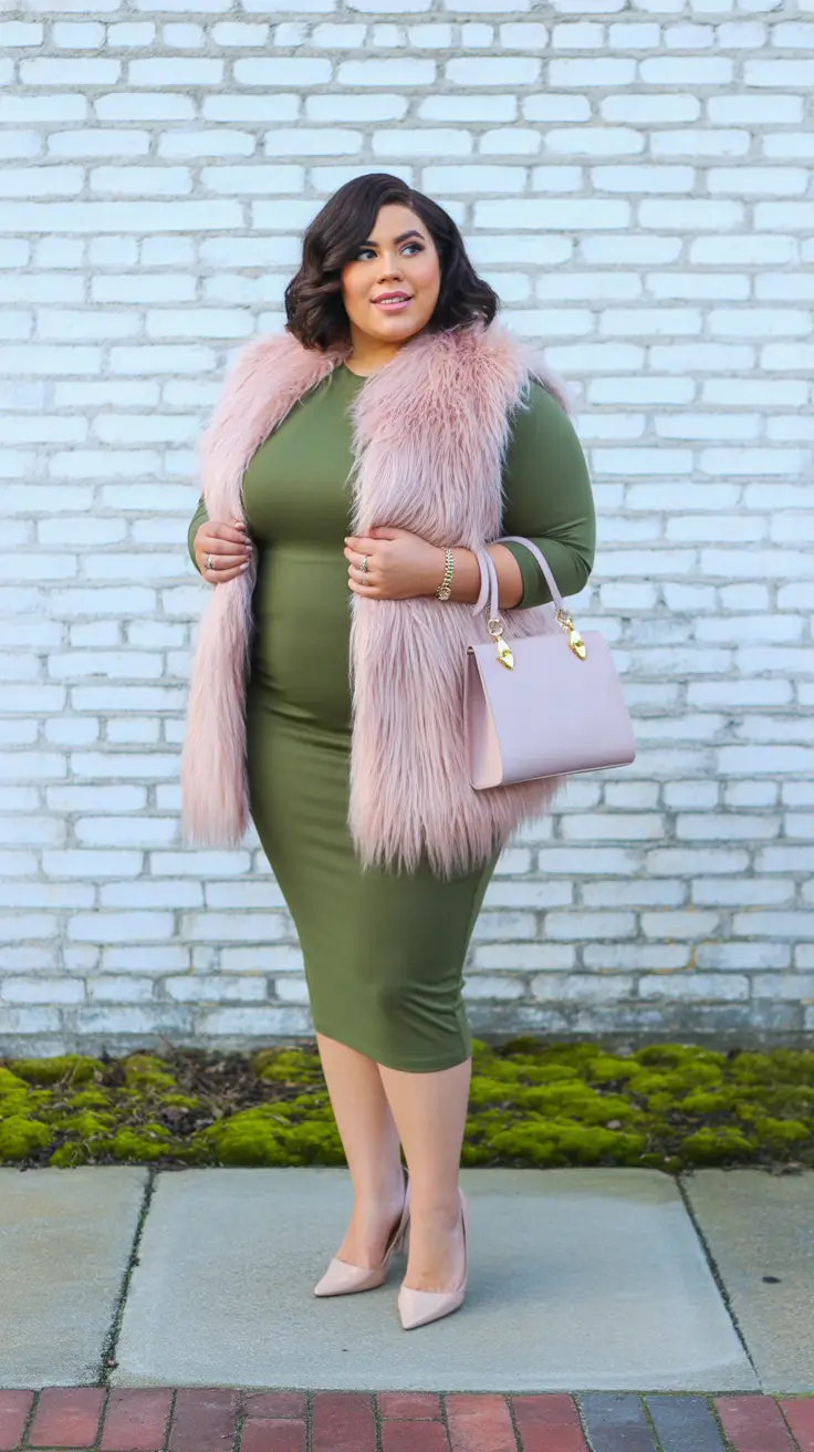Chic plus-size outfits for women 2026 – Soft Fur And Olive Knit For Cozy Autumn Evenings