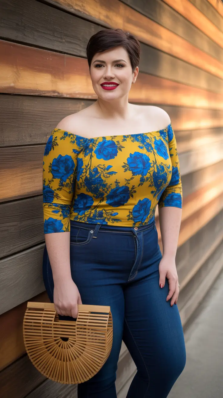 Chic plus-size outfits for women 2026 – Off Shoulder Floral Top And Denim For Boho Summer Days