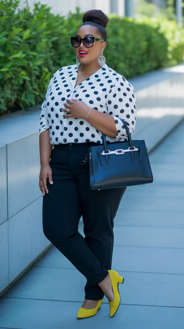 Chic plus-size outfits for women 2026 – Polka Dots And Yellow Heels For Confident Office Style