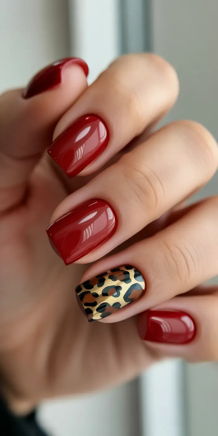 Christmas Gel Nails 2025 Scarlet Shine with Leopard Accent