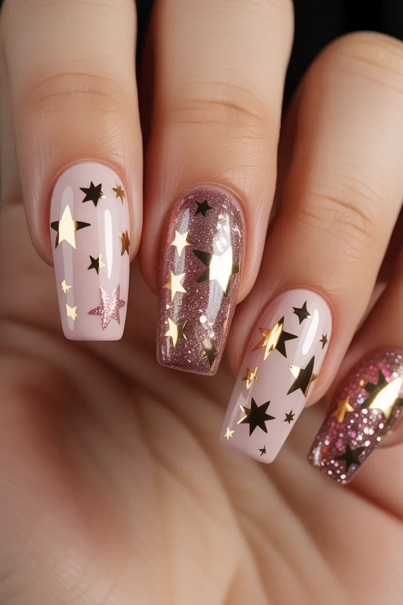 Christmas Gel Nails 2025 Rose Gold Starry Night