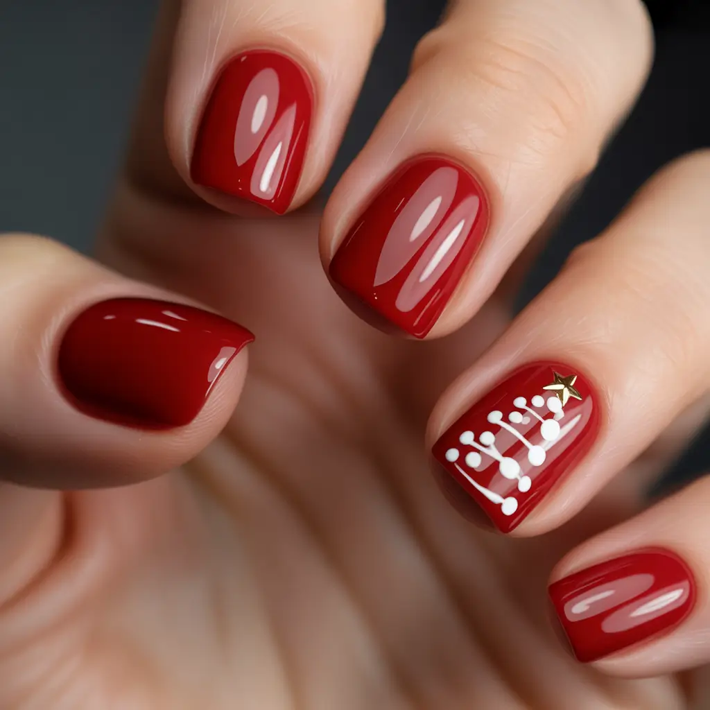 Christmas Gel Nails 2025 Classic Red Tree