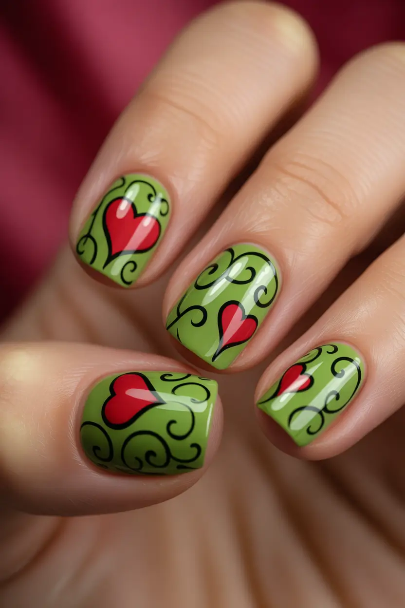 Christmas Gel Nails 2025 The Grinch’s Heart