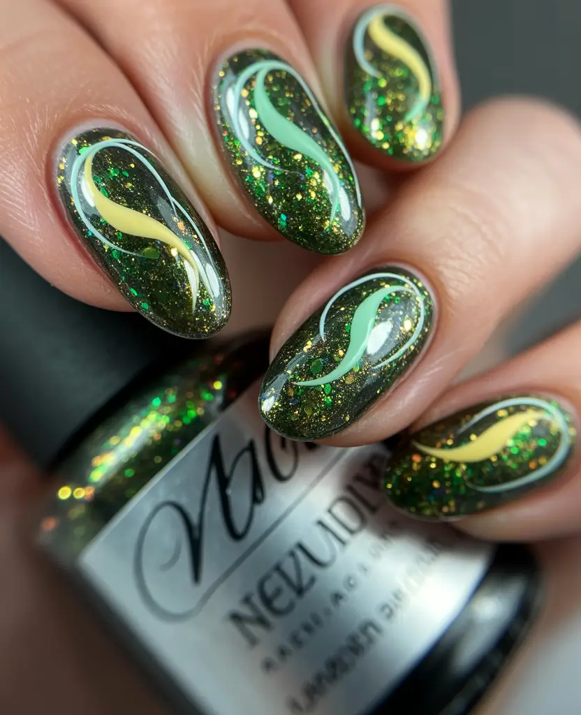 Christmas Gel Nails 2025 Emerald Swirl Fantasy