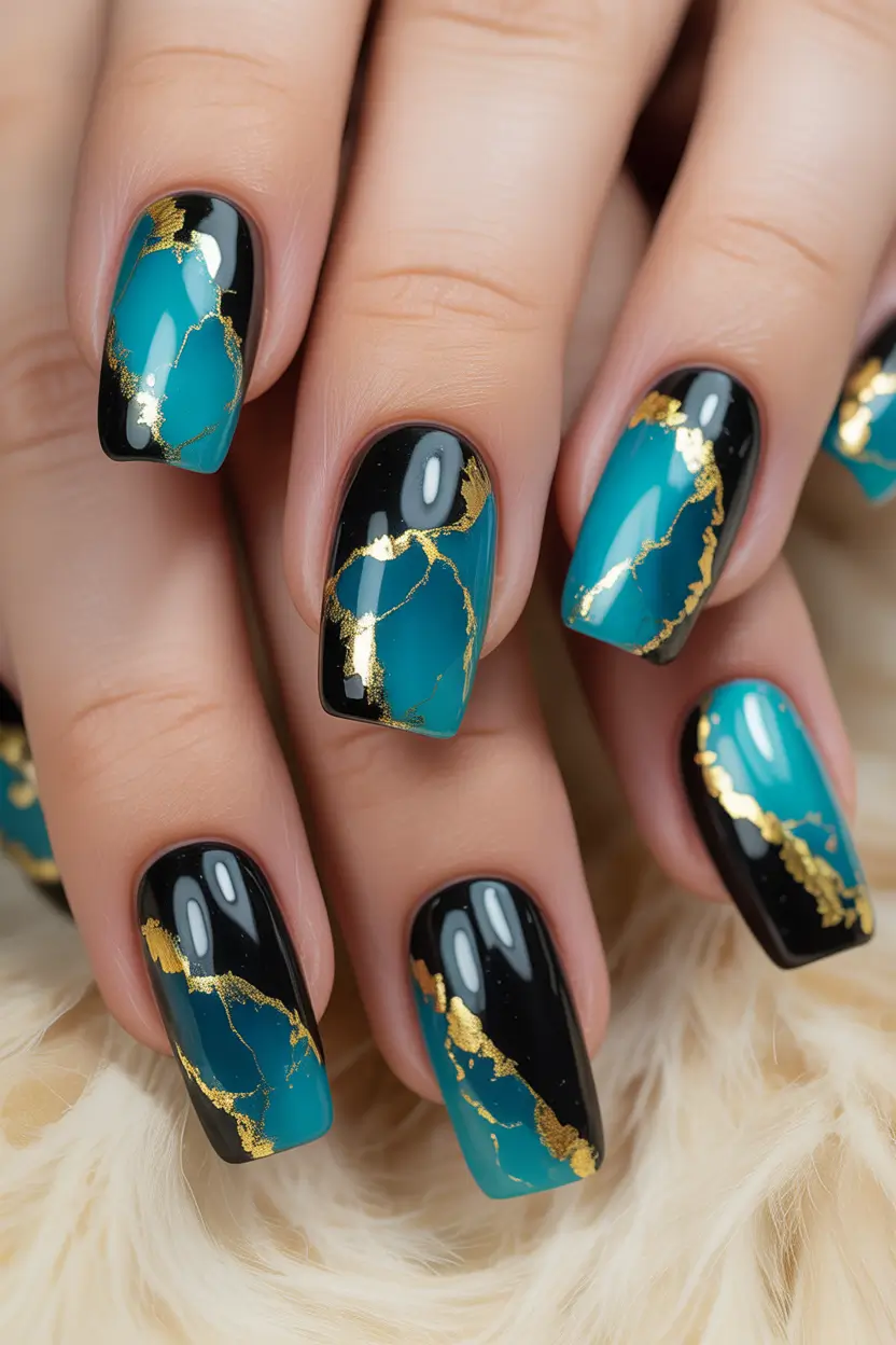 Christmas Gel Nails 2025 Teal Marble Luxe