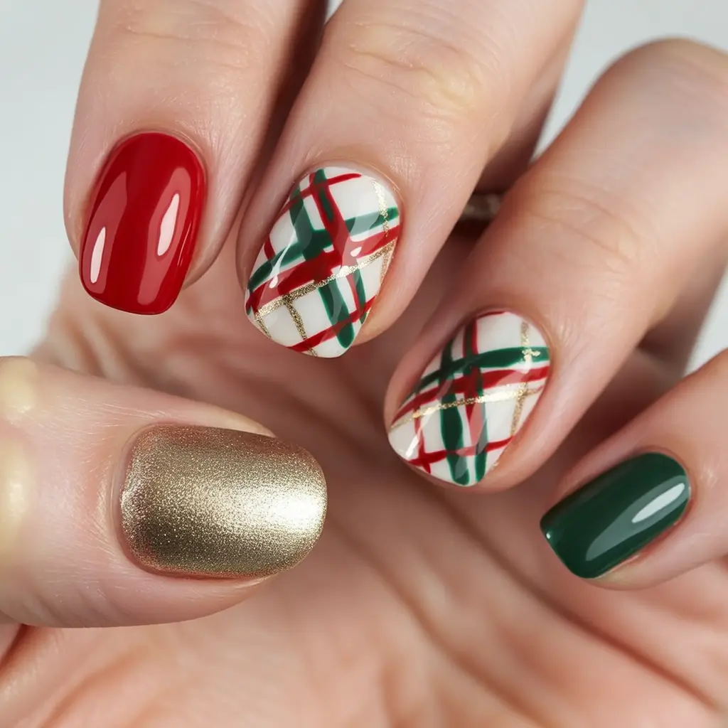 Christmas Gel Nails 2025 Holiday Plaid Perfection