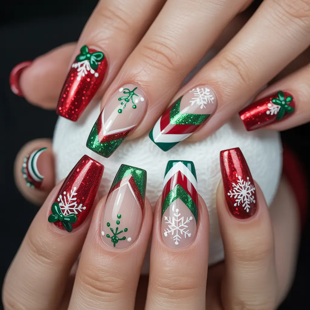 Christmas Gel Nails 2025 Festive Sparkle with Red and Green Accents