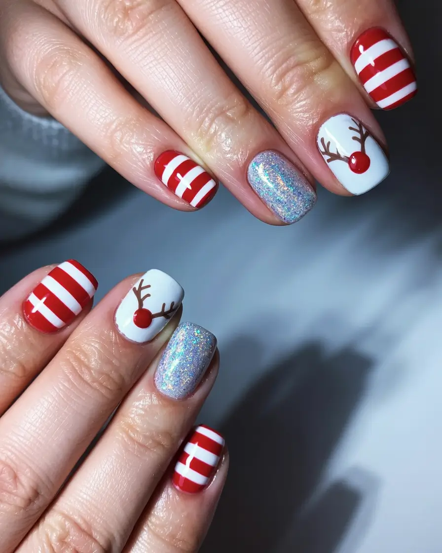 Christmas Gel Nails 2025 Rudolph & Candy Stripes