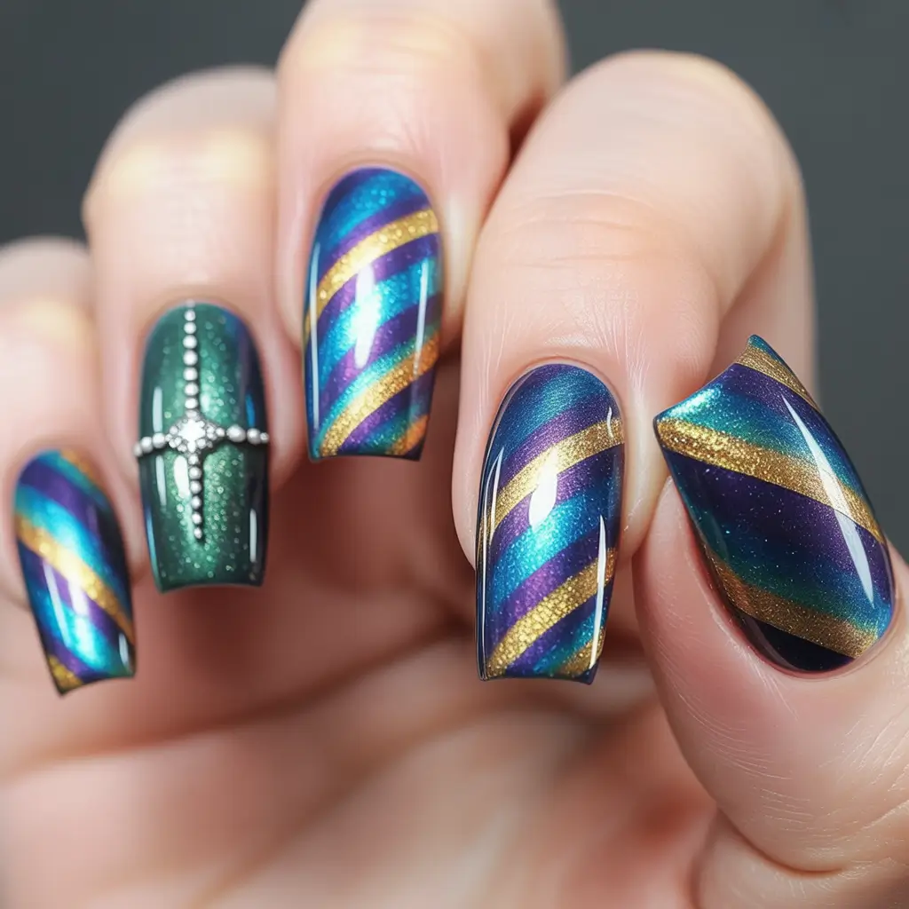 Christmas Gel Nails 2025 Royal Midnight Stripes