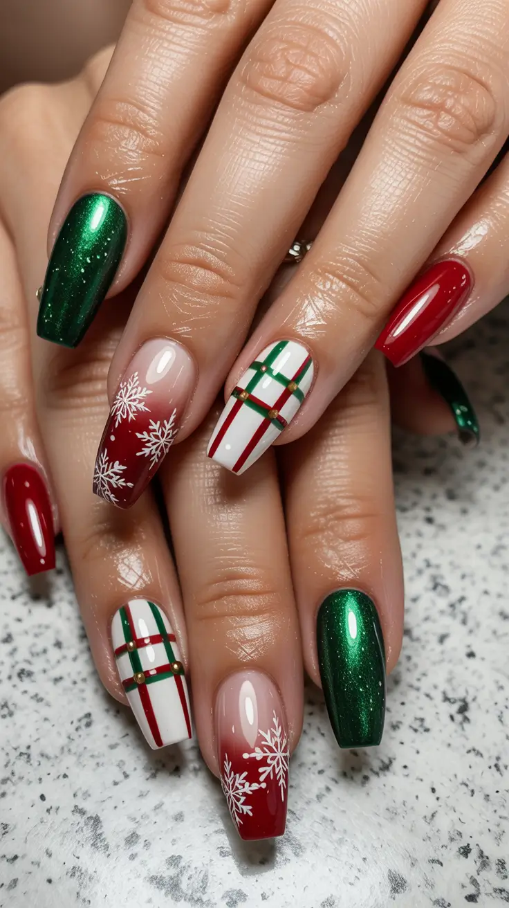 Christmas Gel Nails 2025 Red & Green Snowflake Plaid