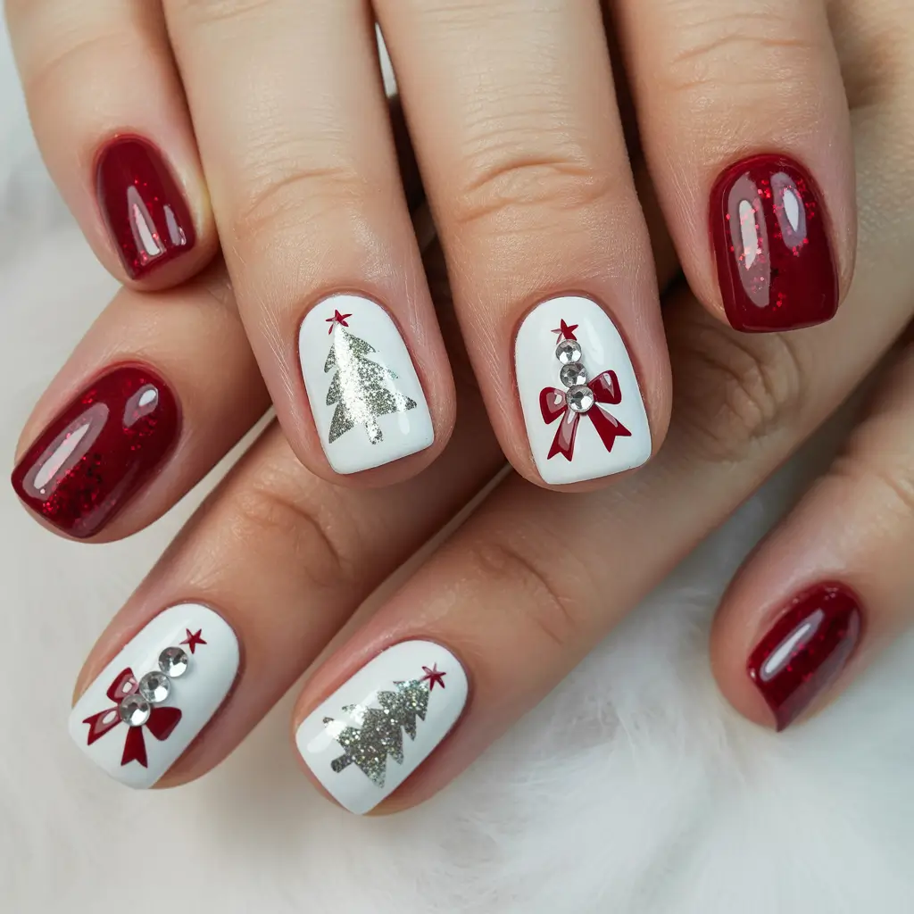 Christmas Gel Nails 2025 Red and White Elegance with a Twist