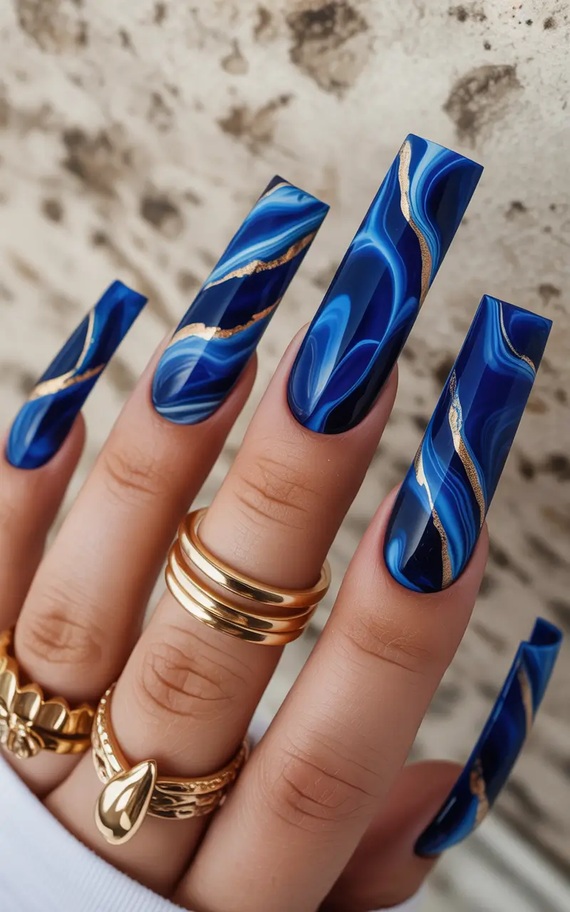 Christmas Gel Nails 2025 Midnight Blue Marble Magic