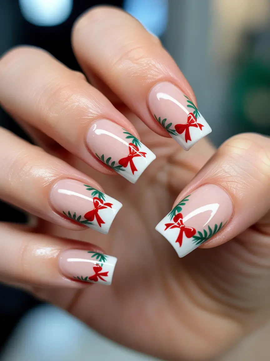 Christmas Gel Nails 2025 French Twist with Festive Bows