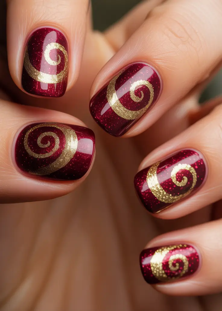 Christmas Gel Nails 2025 Golden Swirl Glam