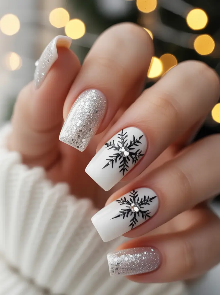 Christmas Gel Nails 2025 White Sparkle and Black Snowflakes