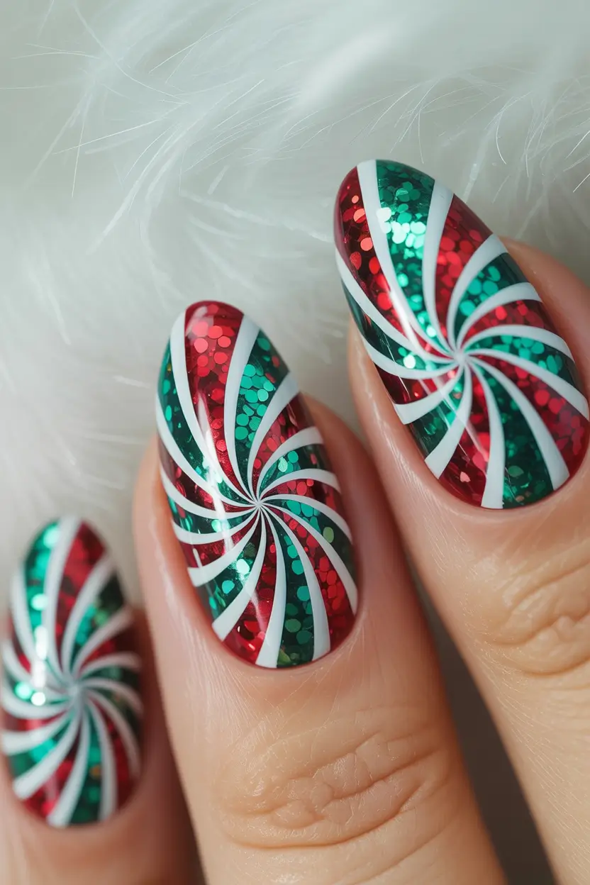 Christmas Gel Nails 2025 Peppermint Swirl Delight