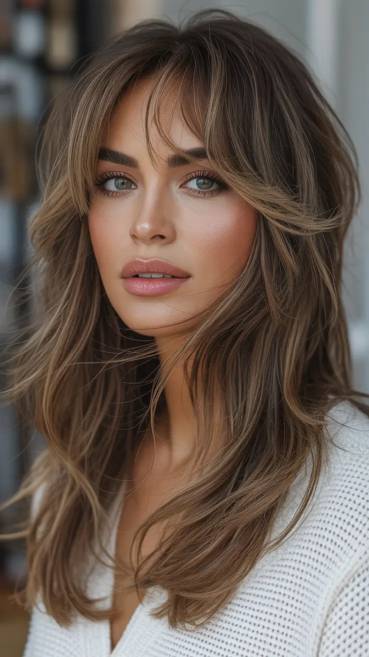 Cool and warm brown hair colors 2026 - Soft Milktea Shag with Curtain Fringe