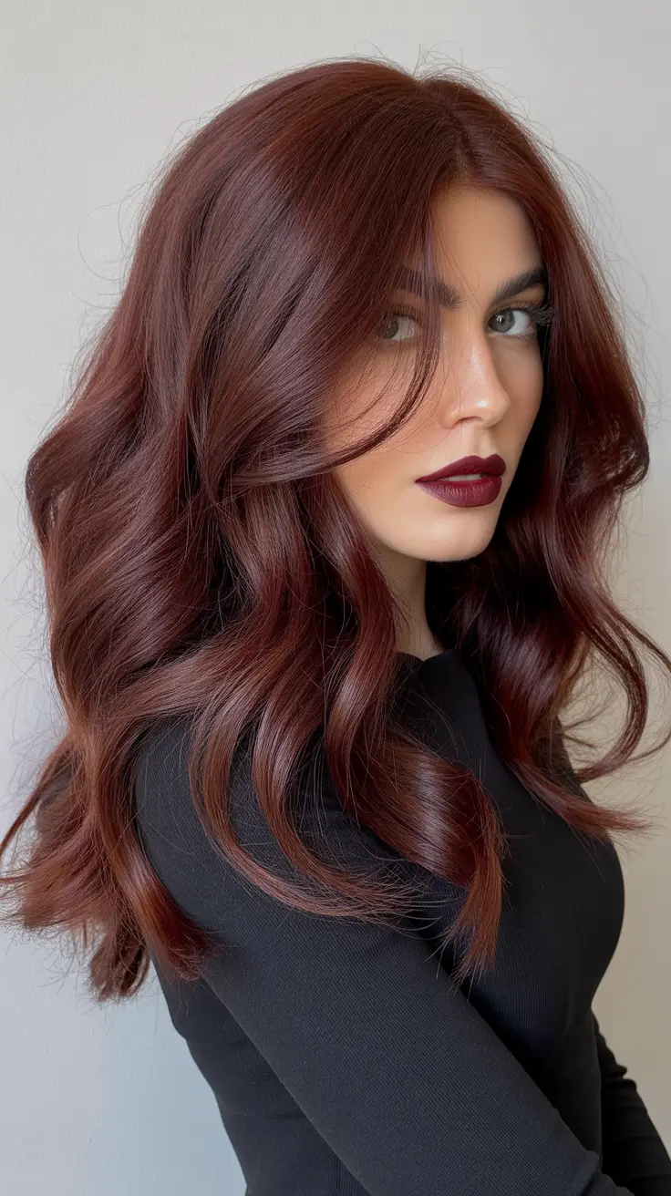 Cool and warm brown hair colors 2026 - Deep Cherry Red Siren Waves