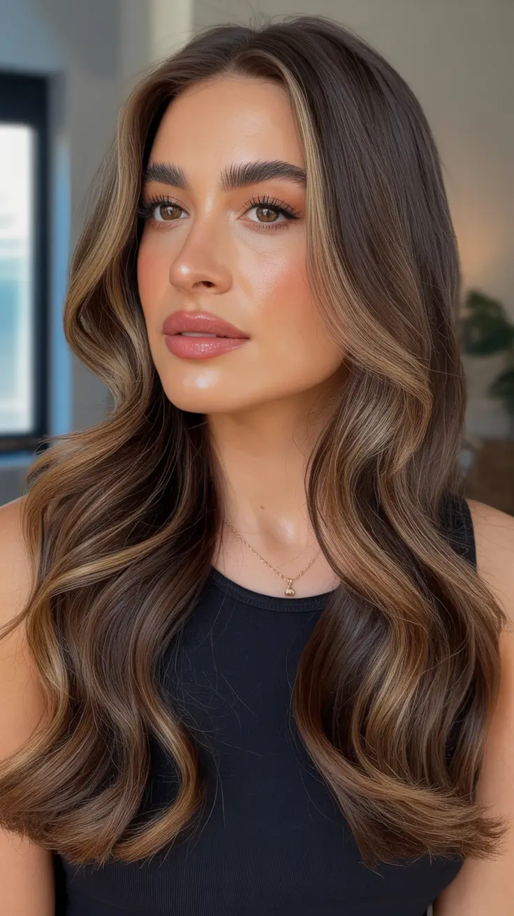 Dark brown hair color 2026 — sleek and rich – Soft caramel contour on glossy dark brunette