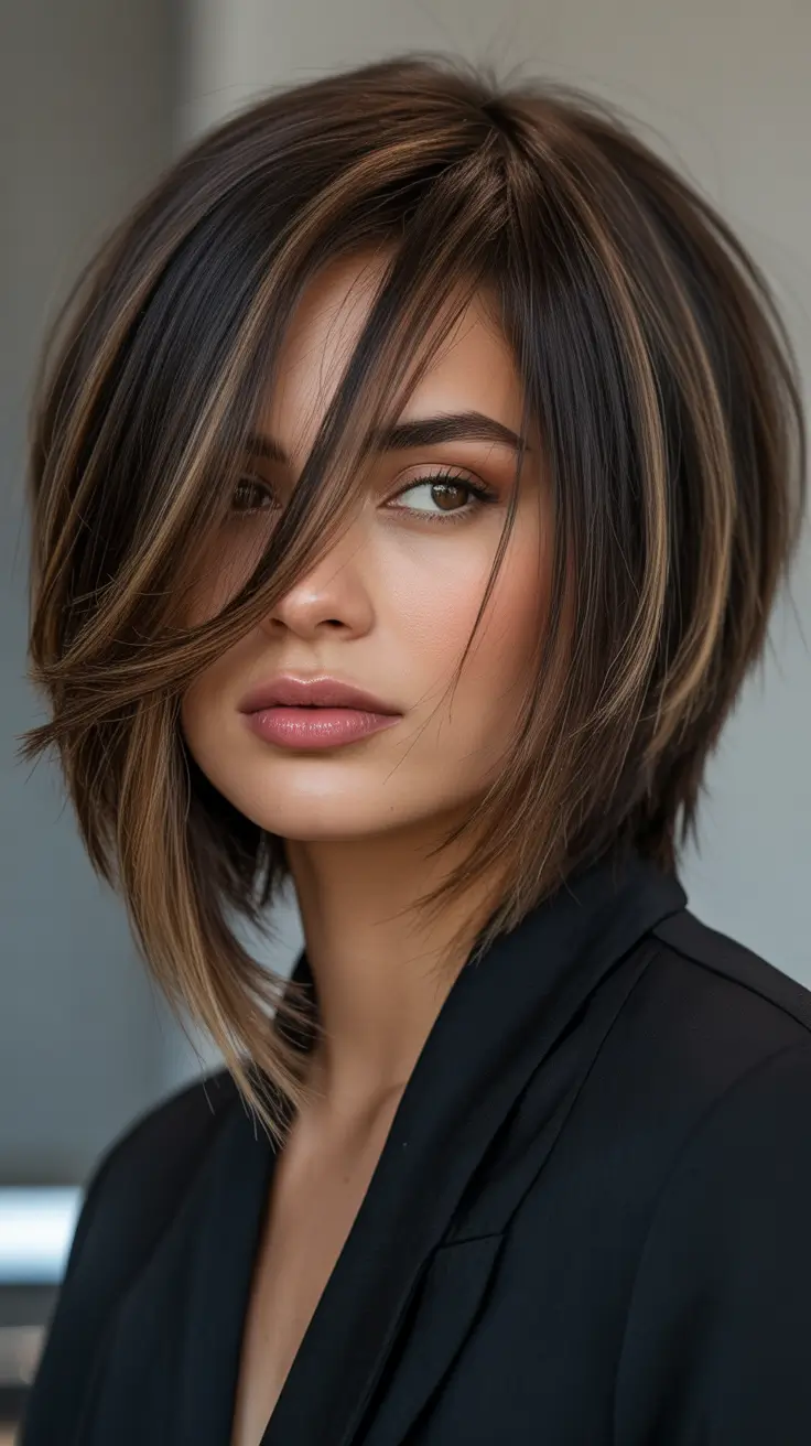 Dark brown hair color 2026 — sleek and rich – Choppy short bob with cool brunette highlights