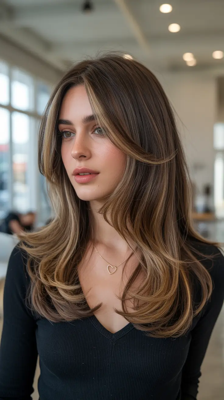 Dark brown hair color 2026 — sleek and rich – Feathered money-piece layers with soft brunette depth