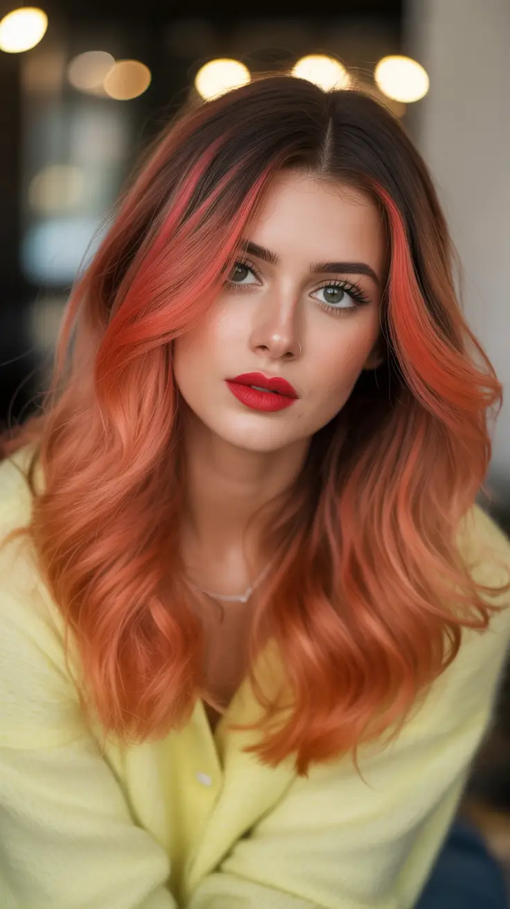 Dark brown hair color 2026 — sleek and rich – Coral sunset melt on brunette roots