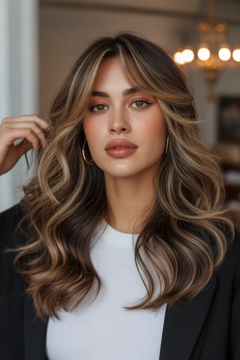 Dark brown hair color 2026 — sleek and rich – Soft-focus caramel balayage on dark brunette