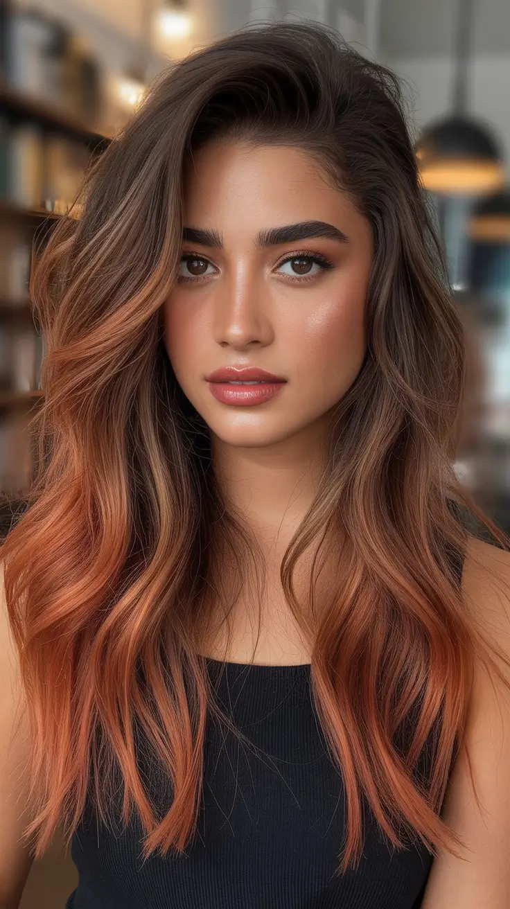 Dark brown hair color 2026 — sleek and rich – Bronzed copper melt on dark brunette lengths