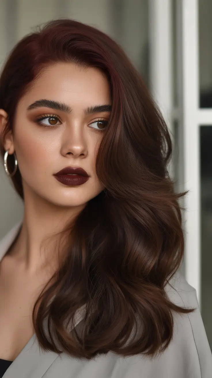 Dark brown hair color 2026 — sleek and rich – Velvety wine brunette with sultry depth
