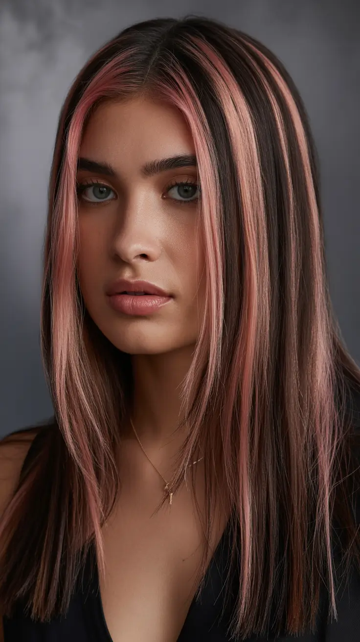 Dark brown hair color 2026 — sleek and rich – Cool brunette base with vertical pink ribbons