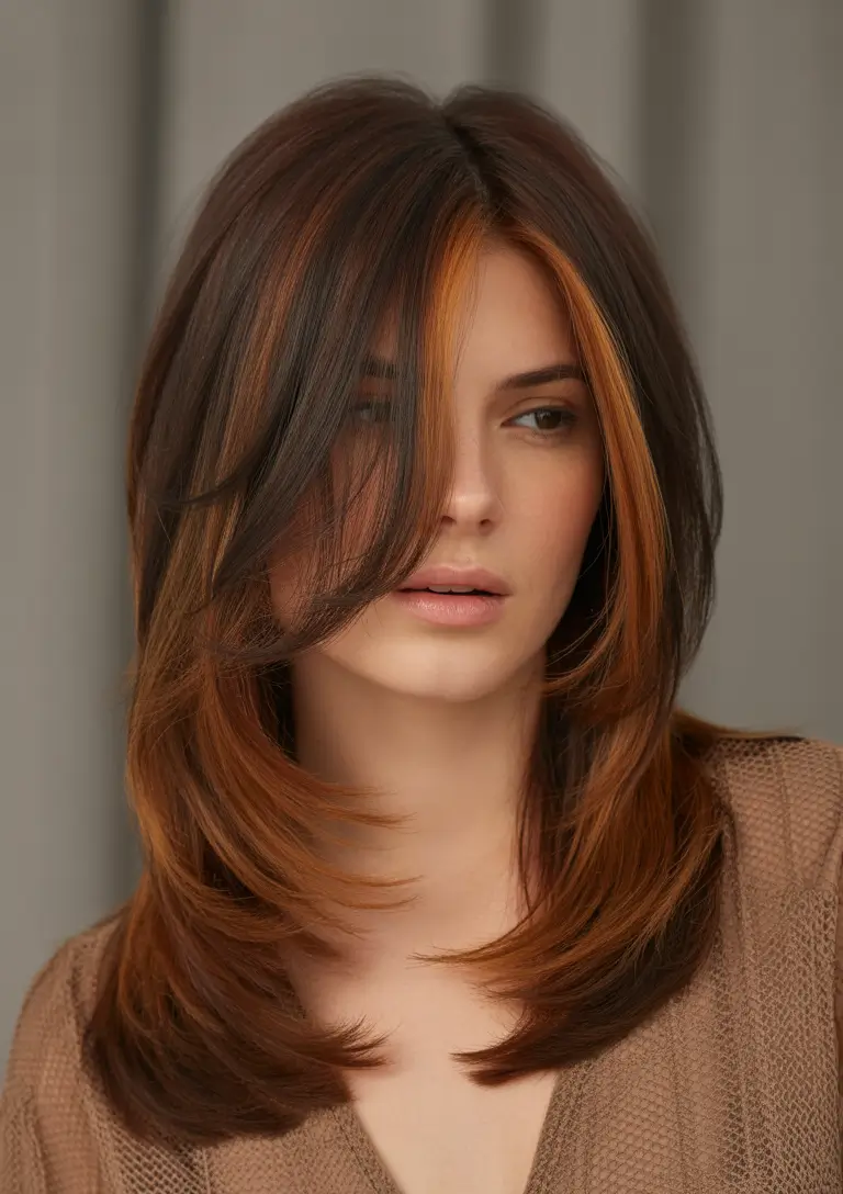 Dark brown hair color 2026 — sleek and rich – Layered copper contour on mocha brunette