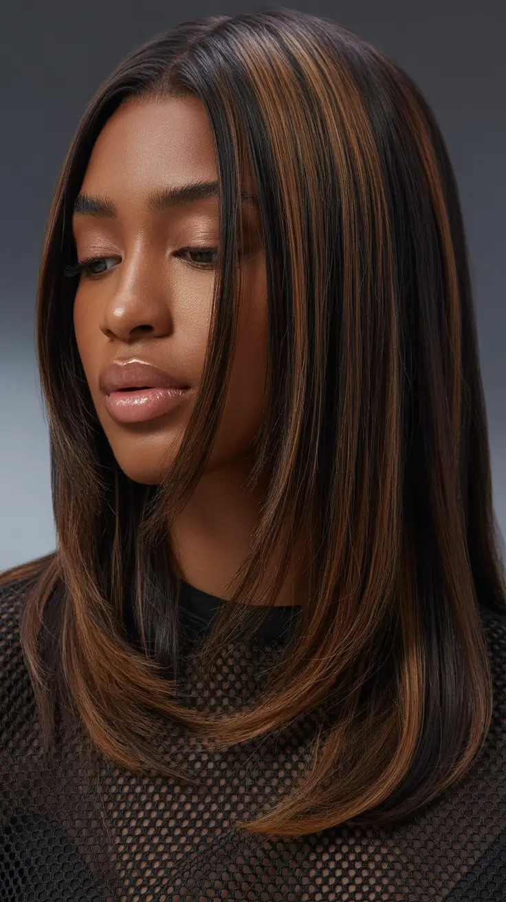 Dark brown hair color 2026 — sleek and rich – Caramel slice highlights on sleek brown skin brunette