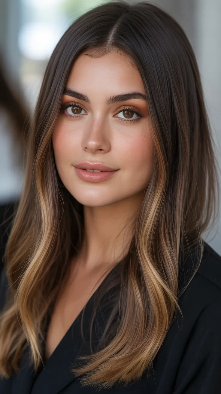Dark brown hair color 2026 — sleek and rich – Soft face-framing balayage on classic midlength brunette