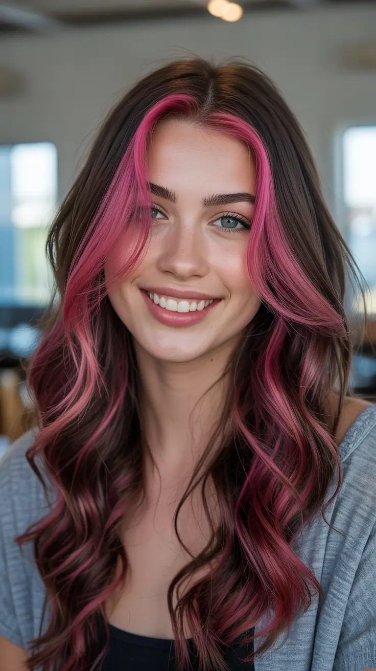 Dark brown hair color 2026 — sleek and rich – Pop-bright pink framing on brunette waves