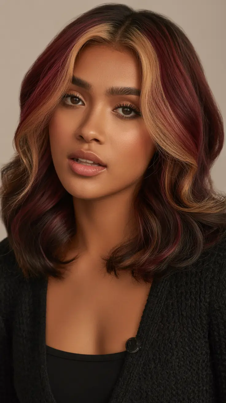 Dark brown hair color 2026 — sleek and rich – Multitone brunette with blonde and berry panels