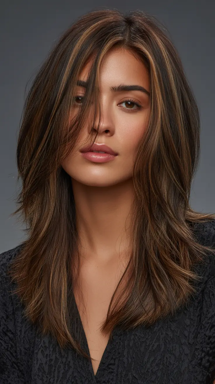 Dark brown hair color 2026 — sleek and rich – Textured medium layers with smoky ribbons