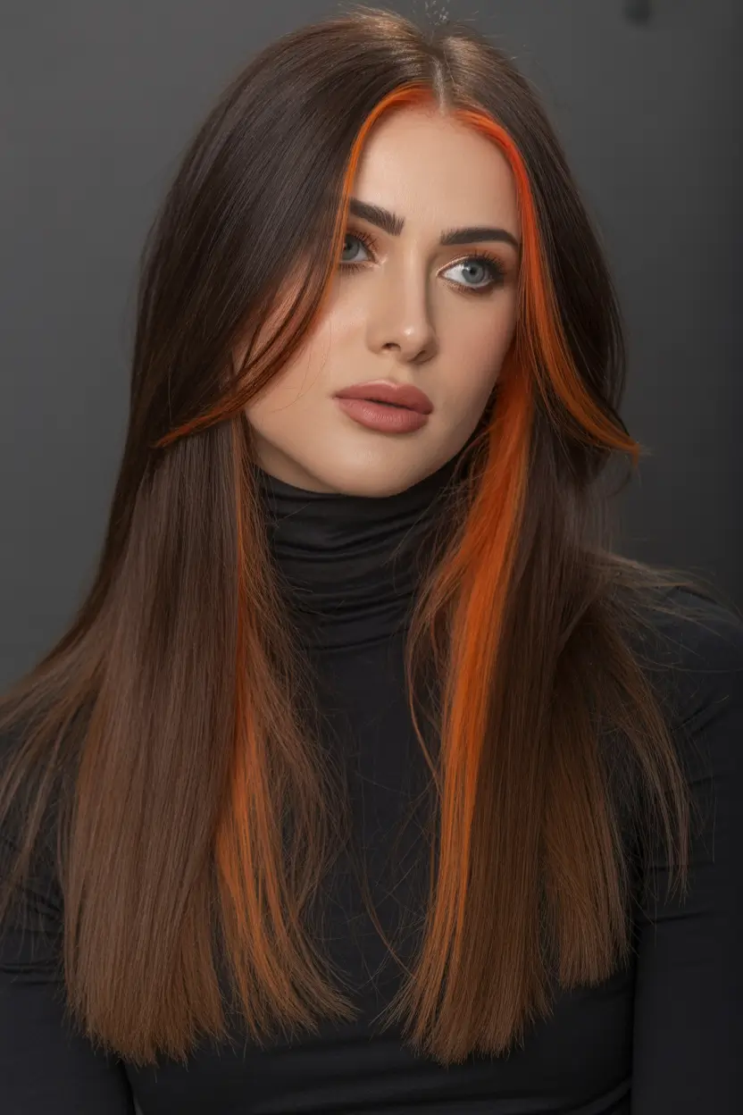 Dark brown hair color 2026 — sleek and rich – Bold copper money piece on sleek brunette