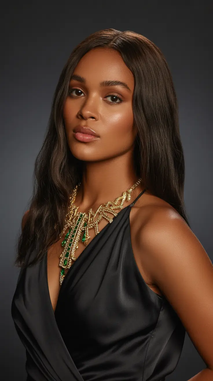 Dark brown hair color 2026 — sleek and rich – Liquid dark brown waves on glowing brown skin
