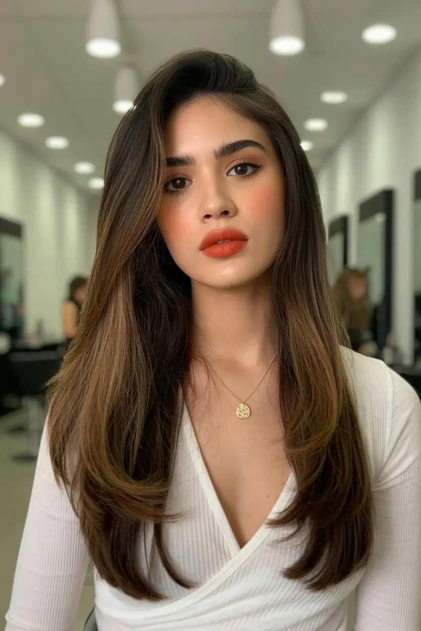 Dark brown hair color 2026 — sleek and rich – Soft layered blowout with warm brunette edges