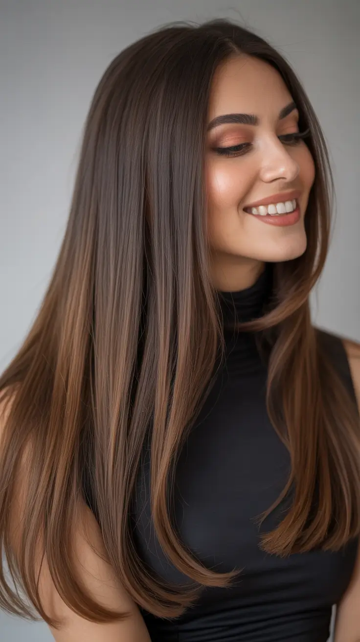 Dark brown hair color 2026 — sleek and rich – Minimalist straight brunette with soft ends