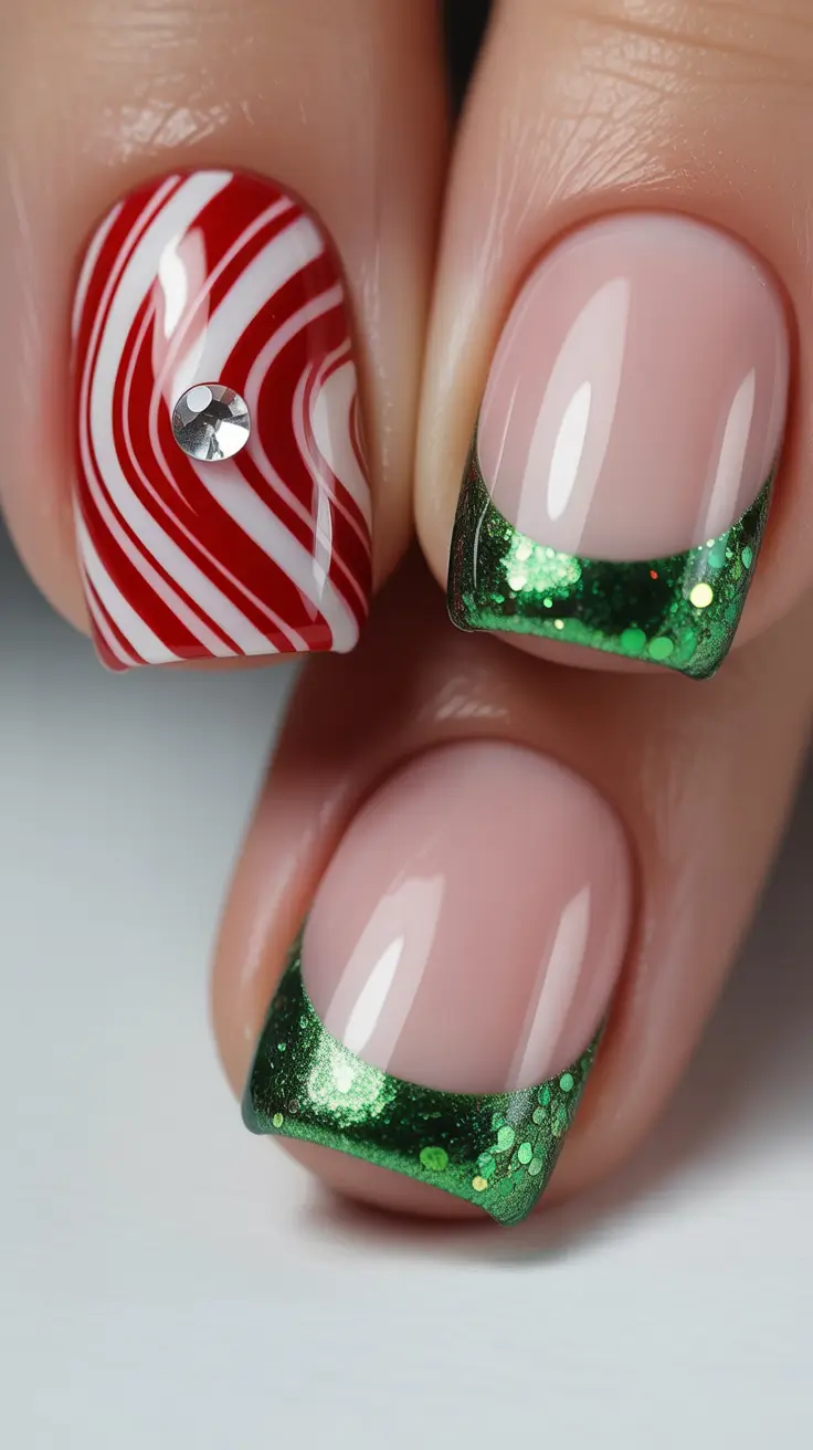 easy christmas nails ideas 2025 Candy Cane French With Emerald Glitter Tips