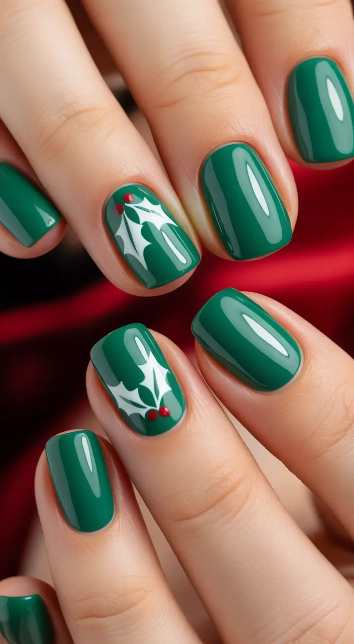 easy christmas nails ideas 2025 Classic Green Holly Nails For Easy Christmas Cheer
