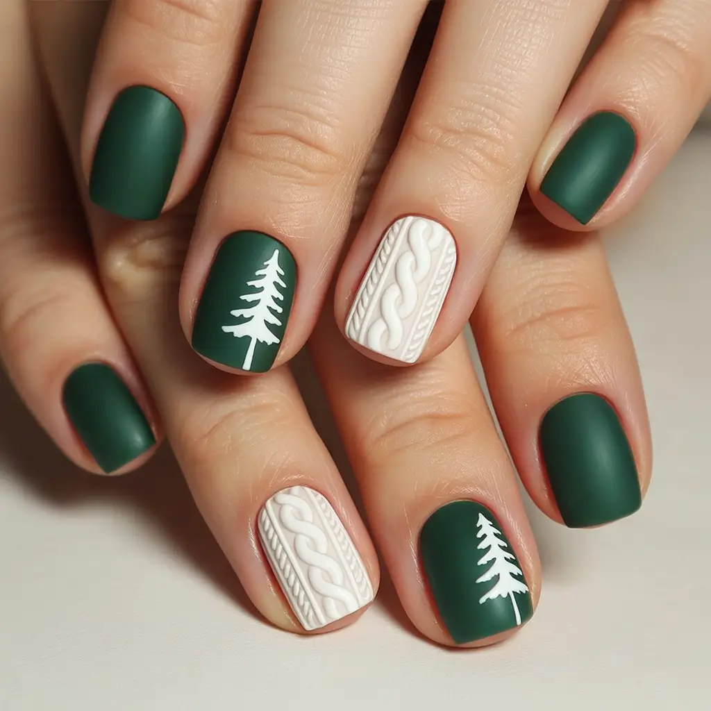 easy christmas nails ideas 2025 Matte Forest Green Sweater And Tree Nails